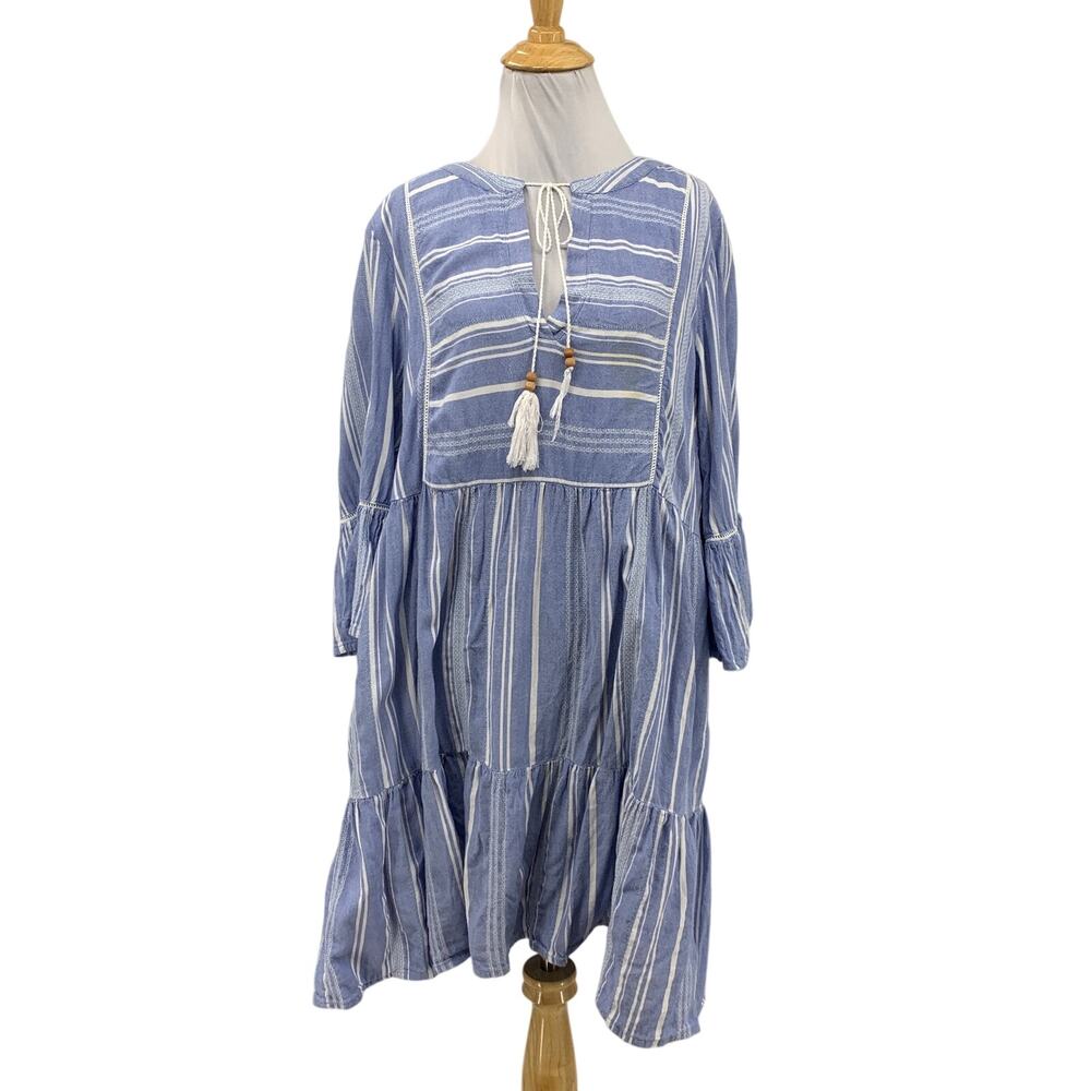 Tommy Bahama Dress Womens L Large Multi Striped Tiered Tassel Bell Sleeve Lined